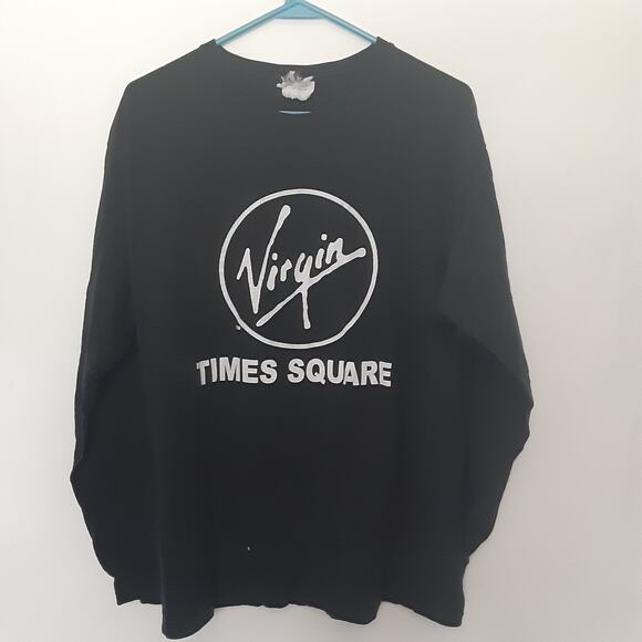 Virgin Times Square Black T Shirt Adult Mens M Long Sleeve Distressed - Picture 1 of 7